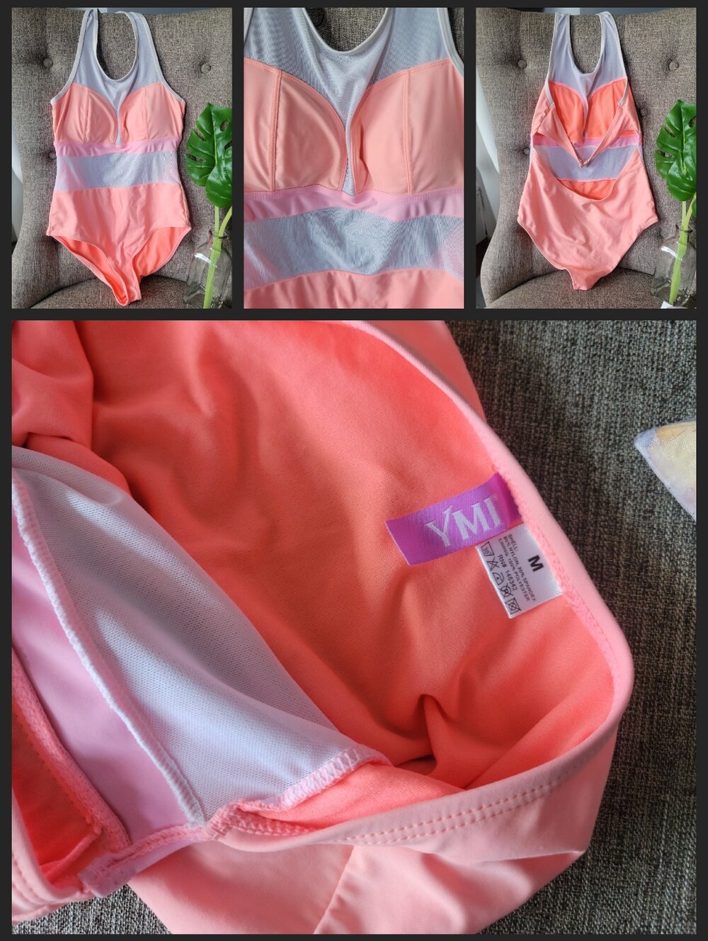 YMI Bikini One Piece Swimsuit Peach White Cheeky Side Cut-Out Medium US